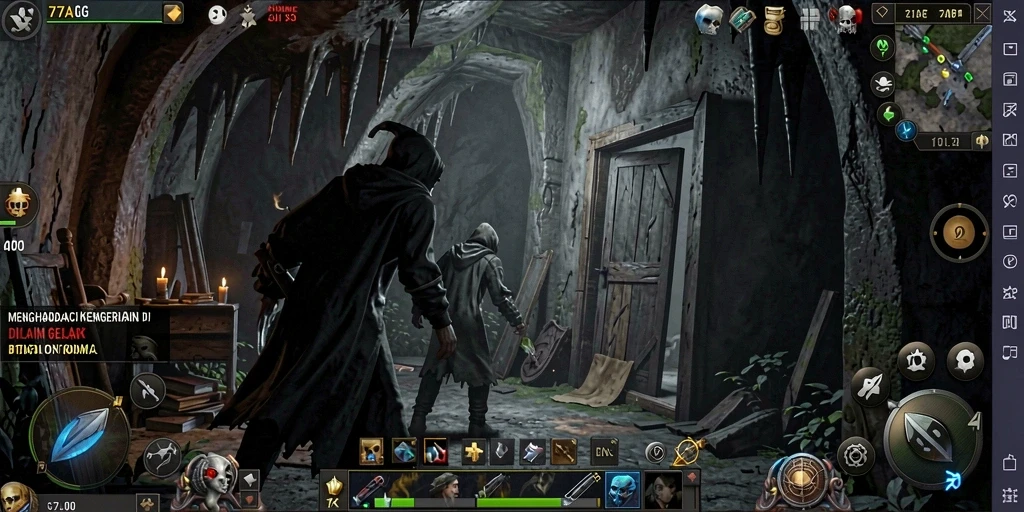 Screenshot gameplay menakutkan dari 77AG di dunia gelap.