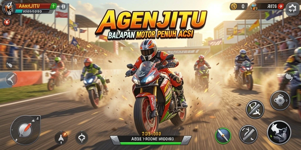 Tangkapan layar gameplay AGENJITU menampilkan balapan motor yang intens.