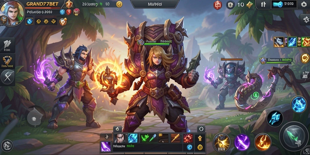 Screenshot menunjukkan aksi seru dalam <strong>GRAND77BET</strong> saat berperang melawan monster besar.