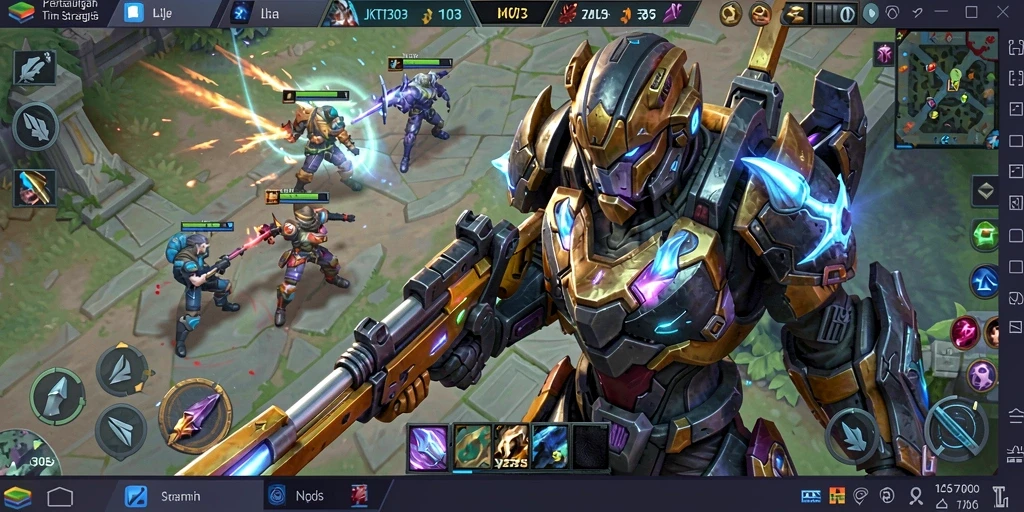 Tampilan seru dari gameplay JKT303 dalam pertarungan tim MOBA.