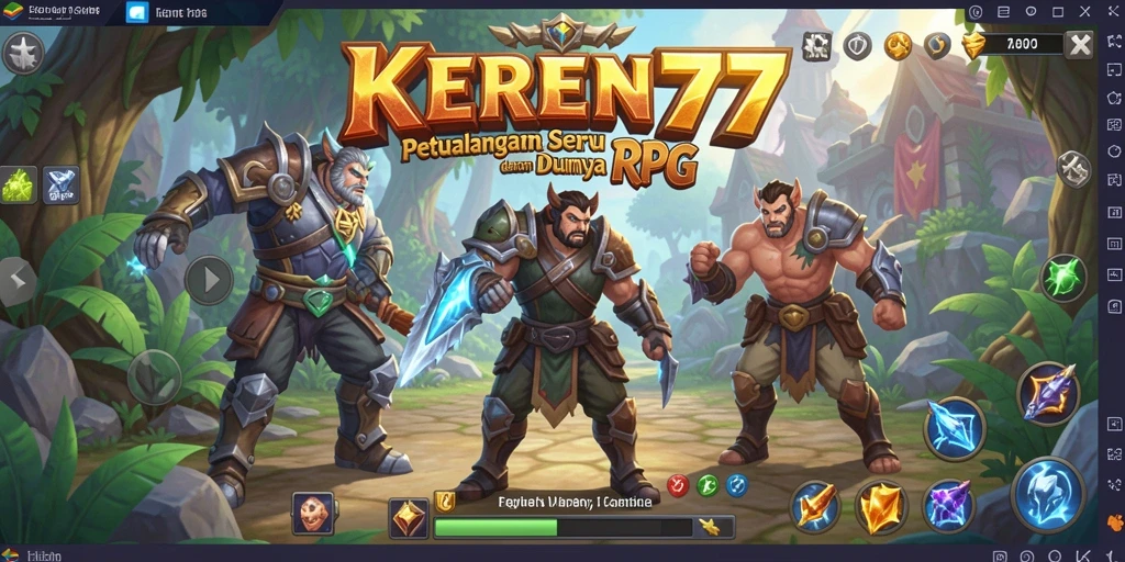 Screenshot gameplay KEREN77 menunjukkan pertarungan epik karakter RPG.