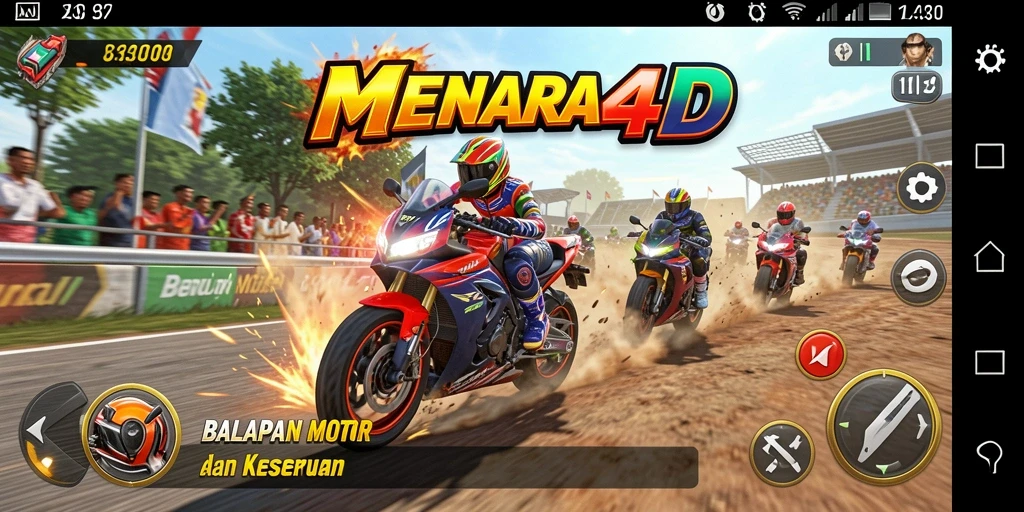 Tampilan gameplay seru di MENARA4D dengan balapan motor yang menantang.