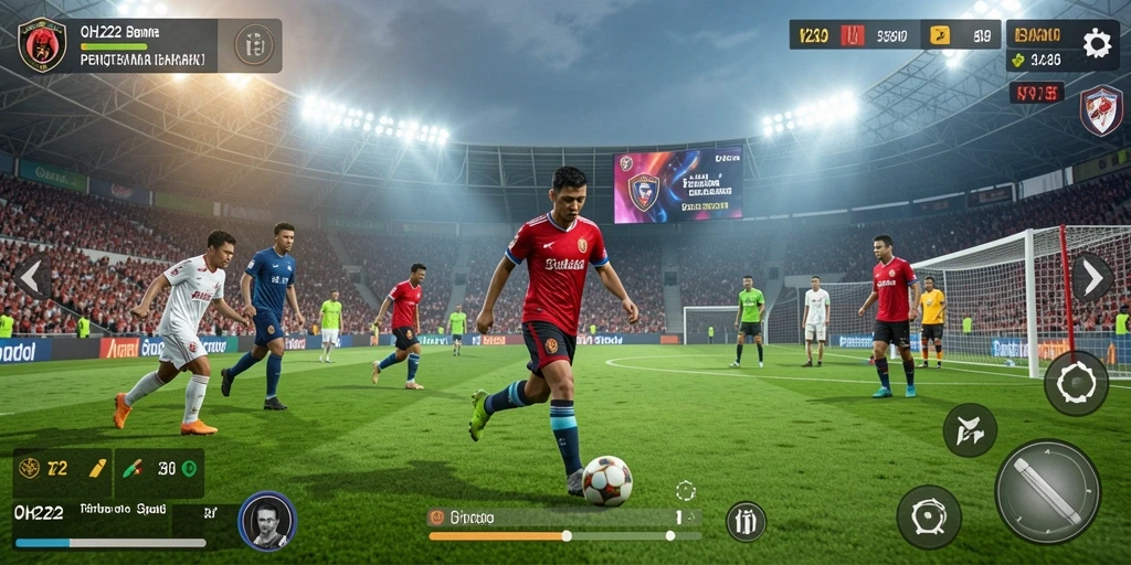 Screenshot gameplay OH222 menampilkan aksi seru pertandingan sepak bola.