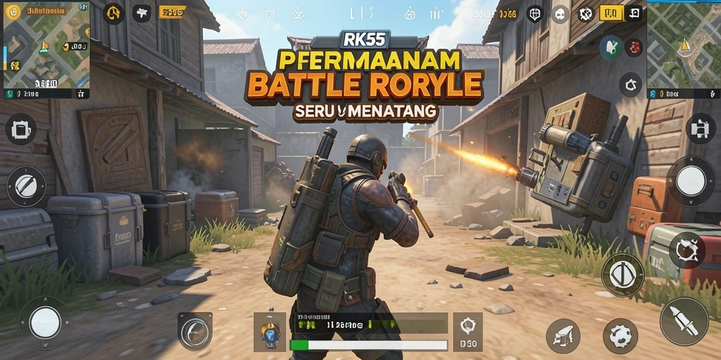 Screenshot RK55 menunjukkan aksi intens dan strategi di medan perang Battle Royale.