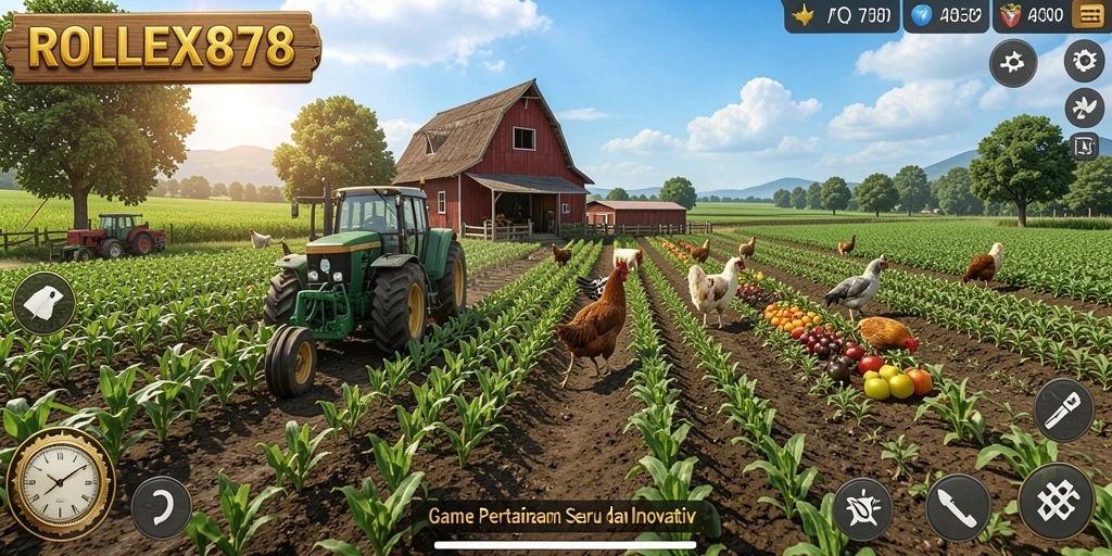 Tampilan gameplay <strong>ROLEX878</strong> menampilkan pertanian yang indah dan interaktif.