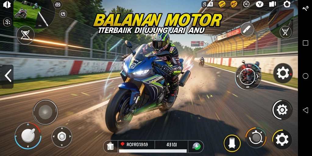 Screenshot gameplay RR89 menunjukkan aksi balapan motor yang mendebarkan.