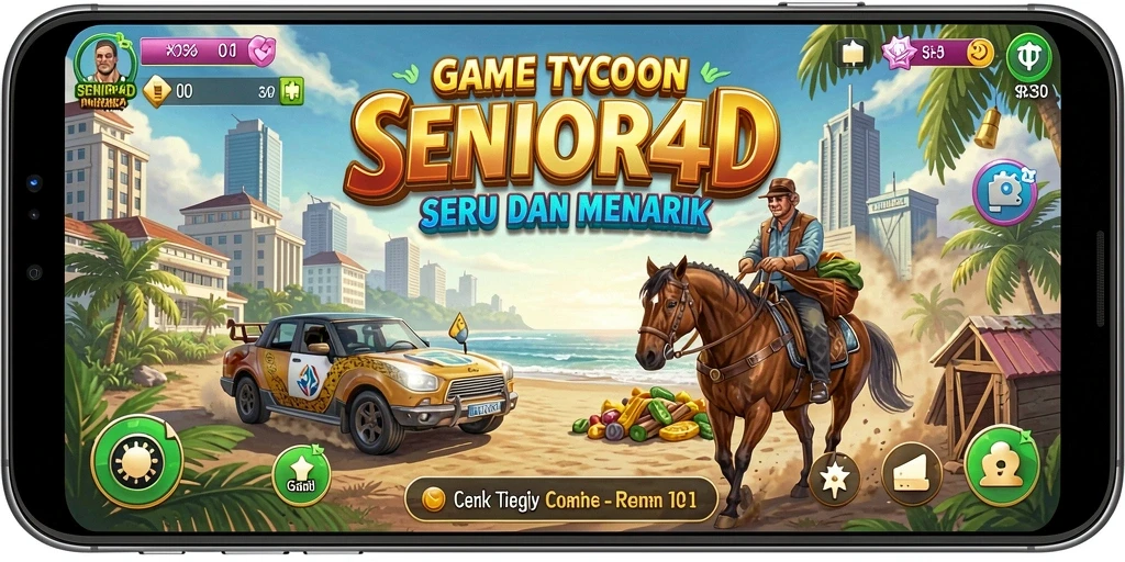 Tampilan gameplay SENIOR4D menampilkan manajemen bisnis yang intens.